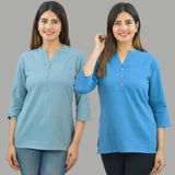 Combo of 2 Blue and Sky Blue Cotton Flax Women Top