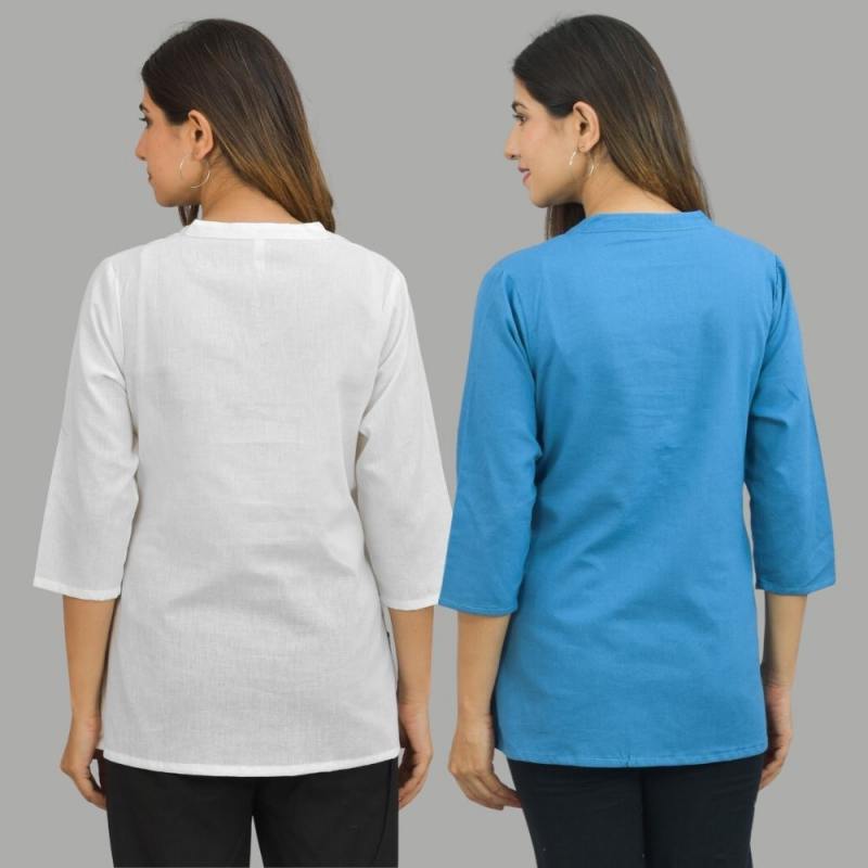 Combo of 2 Blue and White Cotton Flax Women Top