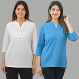 Combo of 2 Blue and White Cotton Flax Women Top