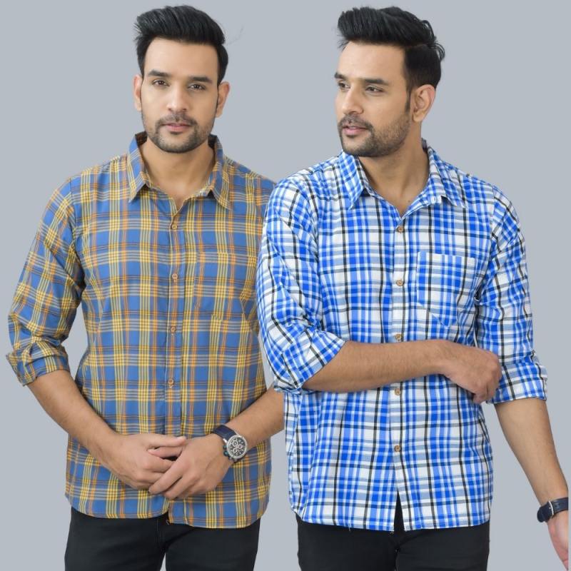 Combo of 2 Cotton Men Full Sleeves Checks Shirts Blue and Blue-46983