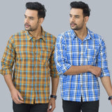 Combo of 2 Cotton Men Full Sleeves Checks Shirts Blue and Brown-46987