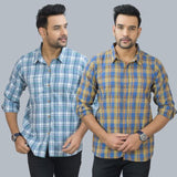 Combo of 2 Cotton Men Full Sleeves Checks Shirts Blue and Gray-46952