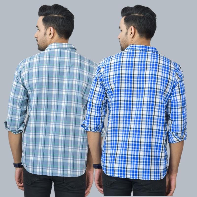Combo of 2 Cotton Men Full Sleeves Checks Shirts Blue and Gray-46957