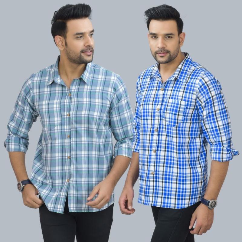 Combo of 2 Cotton Men Full Sleeves Checks Shirts Blue and Gray-46957