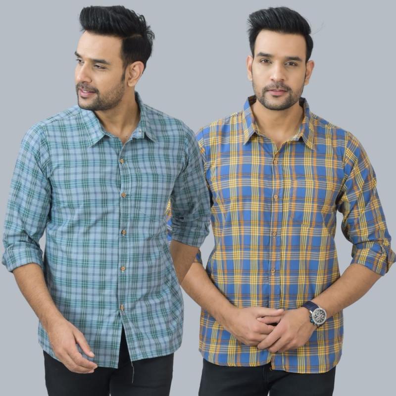 Combo of 2 Cotton Men Full Sleeves Checks Shirts Blue and Gray-46973