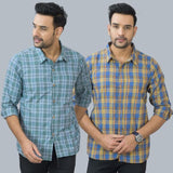 Combo of 2 Cotton Men Full Sleeves Checks Shirts Blue and Gray-46973