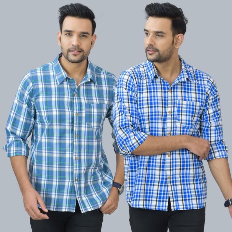 Combo of 2 Cotton Men Full Sleeves Checks Shirts Blue and Gray-46990