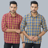 Combo of 2 Cotton Men Full Sleeves Checks Shirts Blue and Maroon-46960