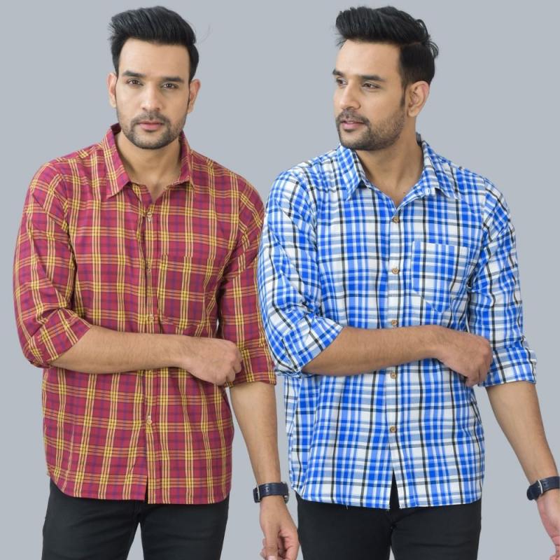 Combo of 2 Cotton Men Full Sleeves Checks Shirts Blue and Maroon-46965