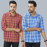 Combo of 2 Cotton Men Full Sleeves Checks Shirts Blue and Maroon-46965