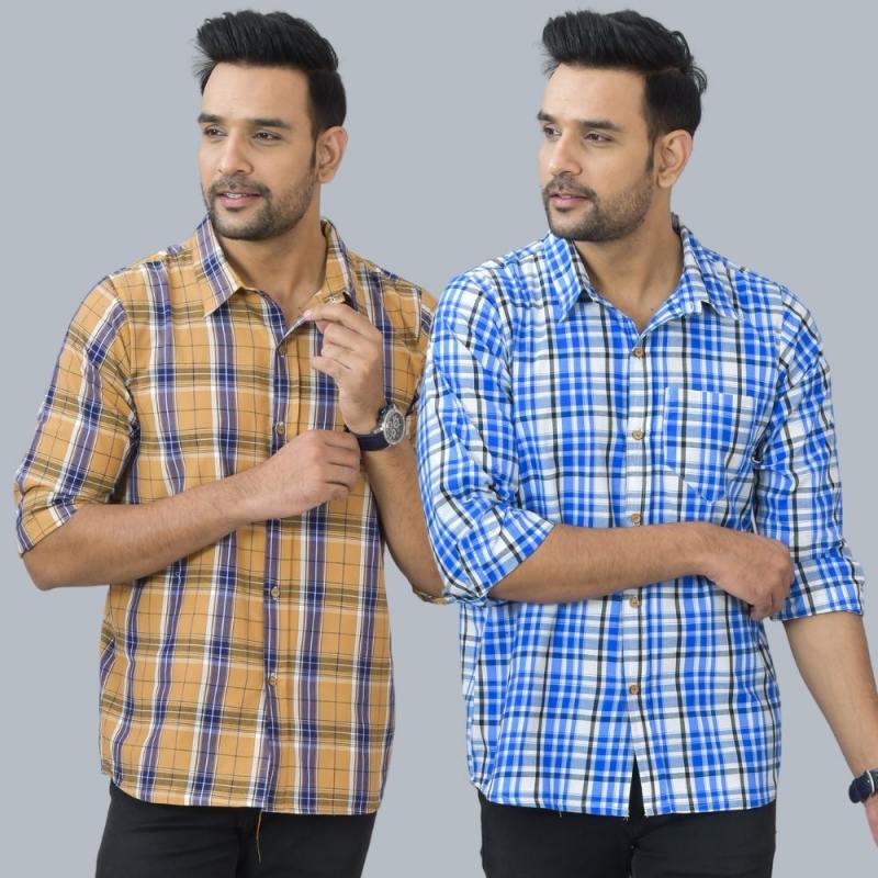 Combo of 2 Cotton Men Full Sleeves Checks Shirts Blue and Mustard-46992