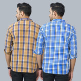 Combo of 2 Cotton Men Full Sleeves Checks Shirts Blue and Mustard-46992