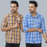 Combo of 2 Cotton Men Full Sleeves Checks Shirts Blue and Mustard-46992
