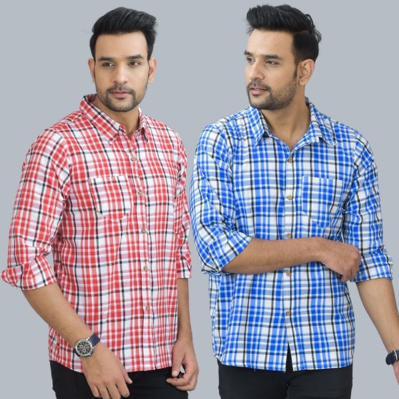 Combo of 2 Cotton Men Full Sleeves Checks Shirts Blue and Pink-46993