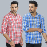 Combo of 2 Cotton Men Full Sleeves Checks Shirts Blue and Pink-46993