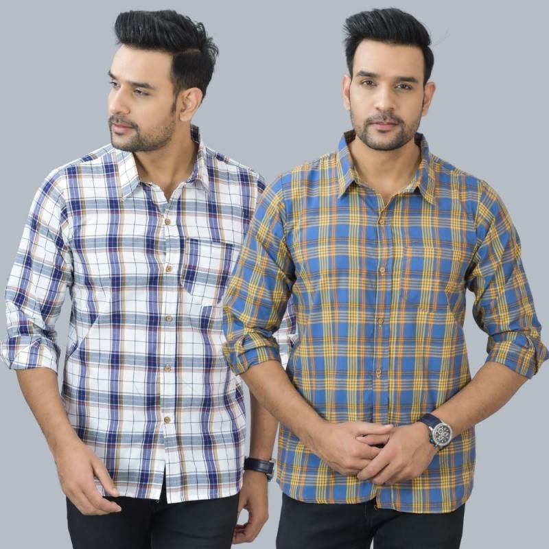 Combo of 2 Cotton Men Full Sleeves Checks Shirts Blue and White-46967