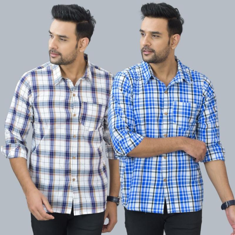 Combo of 2 Cotton Men Full Sleeves Checks Shirts Blue and White-46972