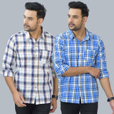 Combo of 2 Cotton Men Full Sleeves Checks Shirts Blue and White-46972