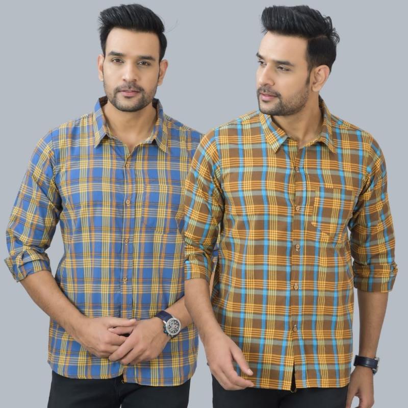 Combo of 2 Cotton Men Full Sleeves Checks Shirts Brown and Blue-46979