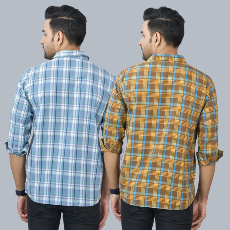 Combo of 2 Cotton Men Full Sleeves Checks Shirts Brown and Gray-46953