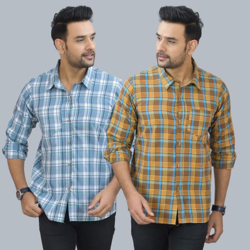 Combo of 2 Cotton Men Full Sleeves Checks Shirts Brown and Gray-46953