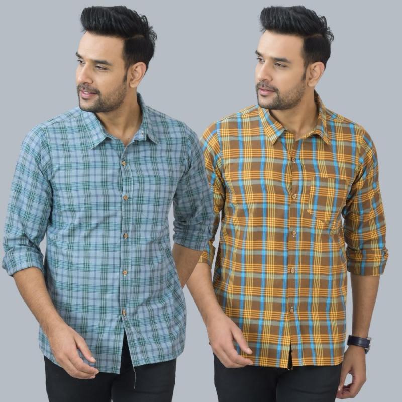 Combo of 2 Cotton Men Full Sleeves Checks Shirts Brown and Gray-46974