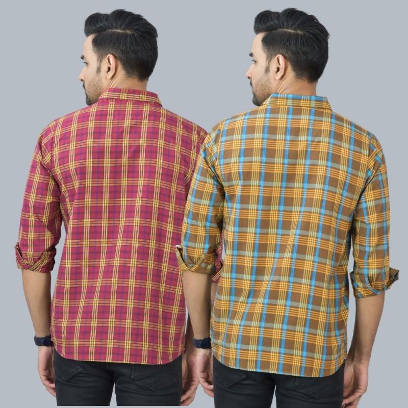 Combo of 2 Cotton Men Full Sleeves Checks Shirts Brown and Maroon-46961