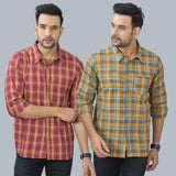 Combo of 2 Cotton Men Full Sleeves Checks Shirts Brown and Maroon-46961
