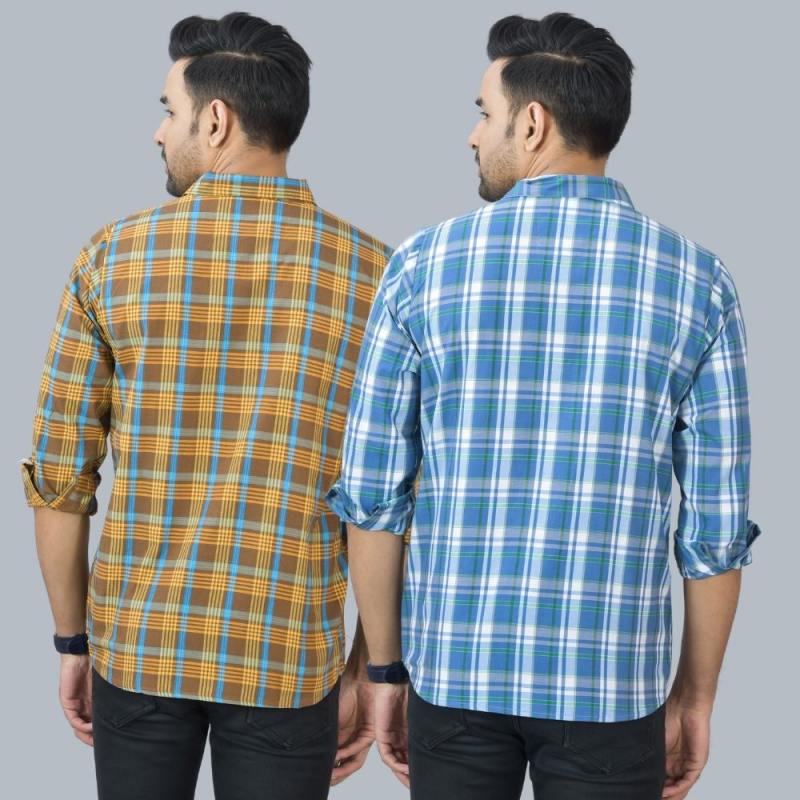 Combo of 2 Cotton Men Full Sleeves Checks Shirts Gray and Brown-46984