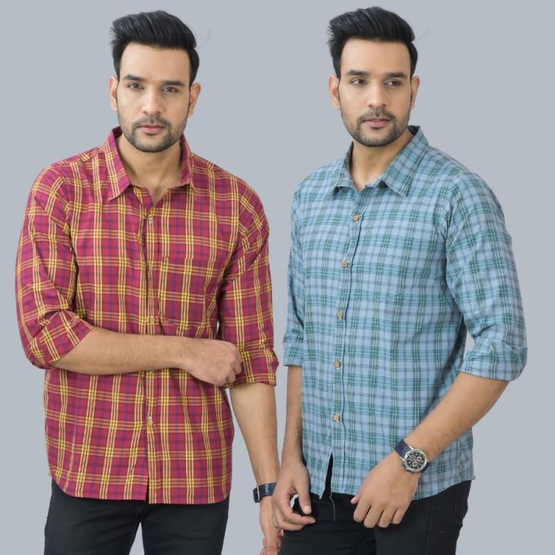Combo of 2 Cotton Men Full Sleeves Checks Shirts Gray and Maroon-46959