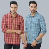 Combo of 2 Cotton Men Full Sleeves Checks Shirts Gray and Maroon-46959