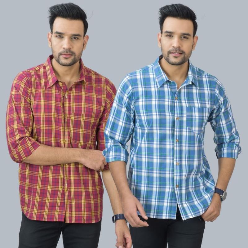 Combo of 2 Cotton Men Full Sleeves Checks Shirts Gray and Maroon-46962