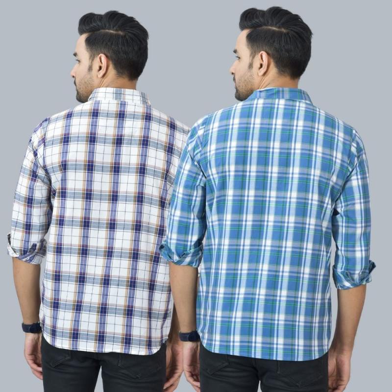 Combo of 2 Cotton Men Full Sleeves Checks Shirts Gray and White-46969