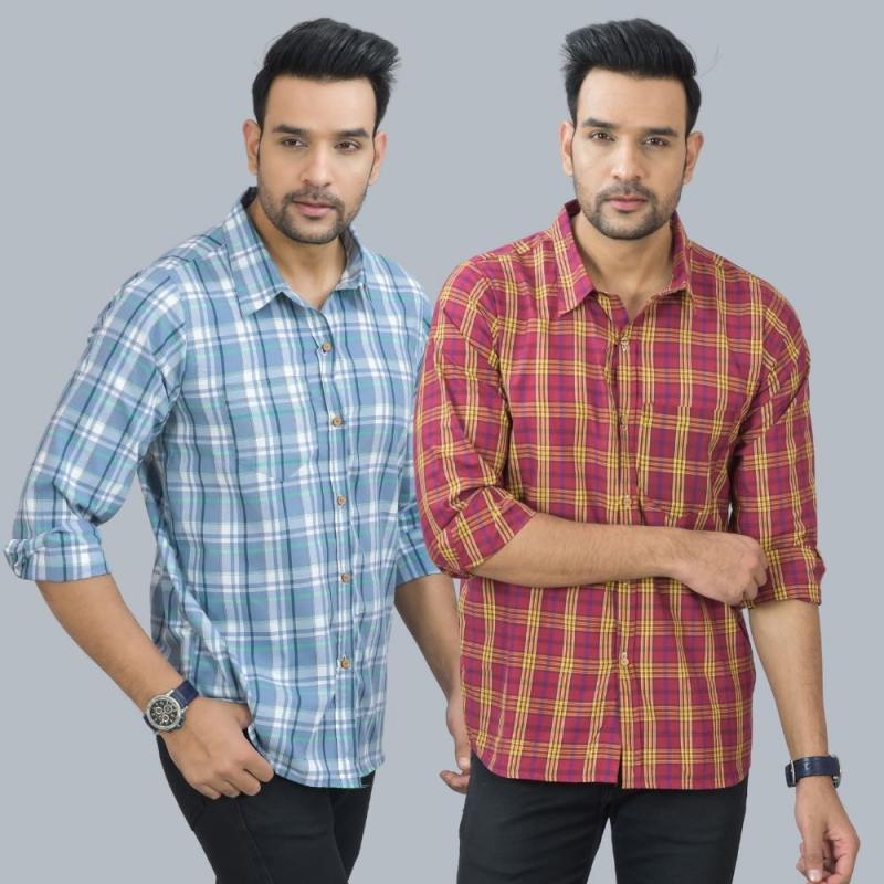 Combo of 2 Cotton Men Full Sleeves Checks Shirts Maroon and Gray-46949