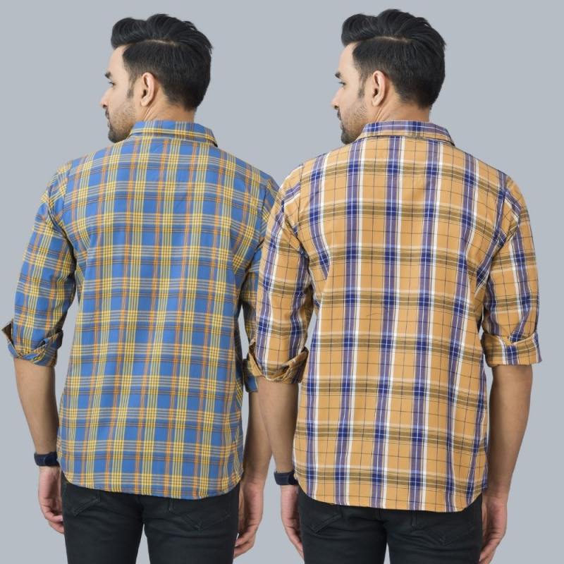 Combo of 2 Cotton Men Full Sleeves Checks Shirts Mustard and Blue-46981