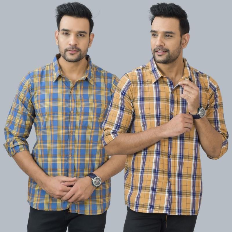 Combo of 2 Cotton Men Full Sleeves Checks Shirts Mustard and Blue-46981