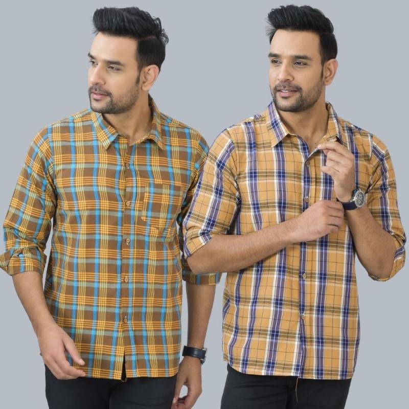 Combo of 2 Cotton Men Full Sleeves Checks Shirts Mustard and Brown-46985