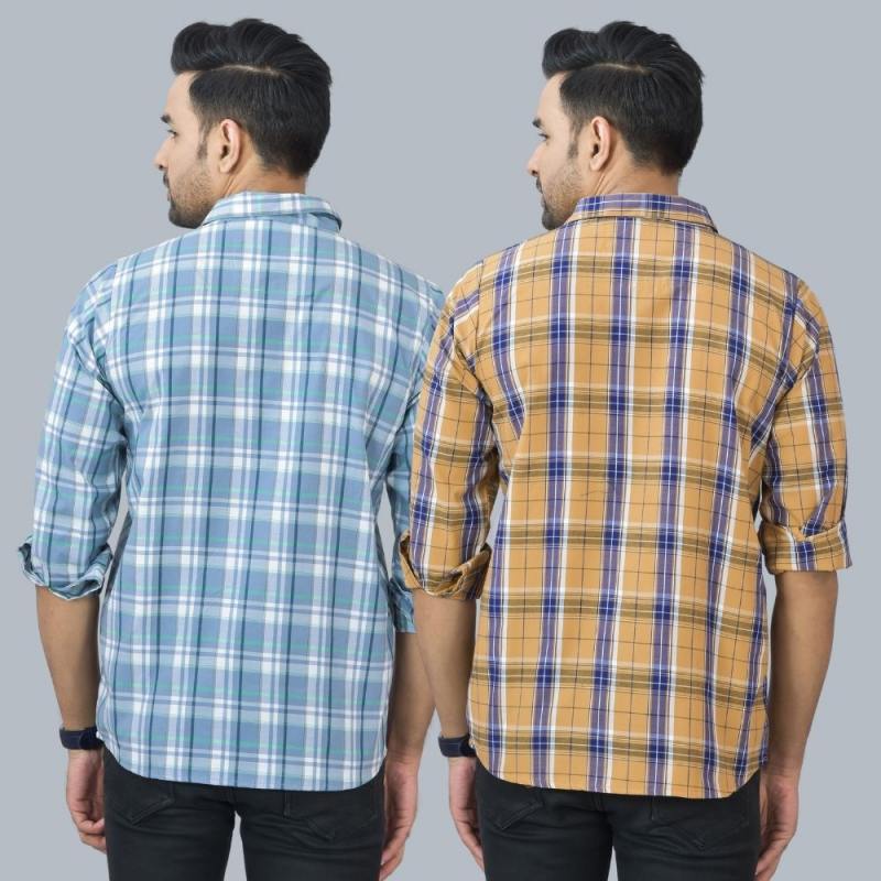Combo of 2 Cotton Men Full Sleeves Checks Shirts Mustard and Gray-46955