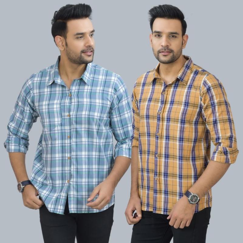 Combo of 2 Cotton Men Full Sleeves Checks Shirts Mustard and Gray-46955