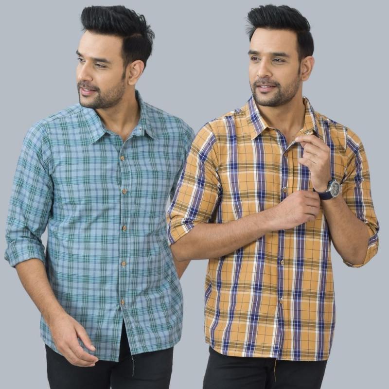 Combo of 2 Cotton Men Full Sleeves Checks Shirts Mustard and Gray-46976