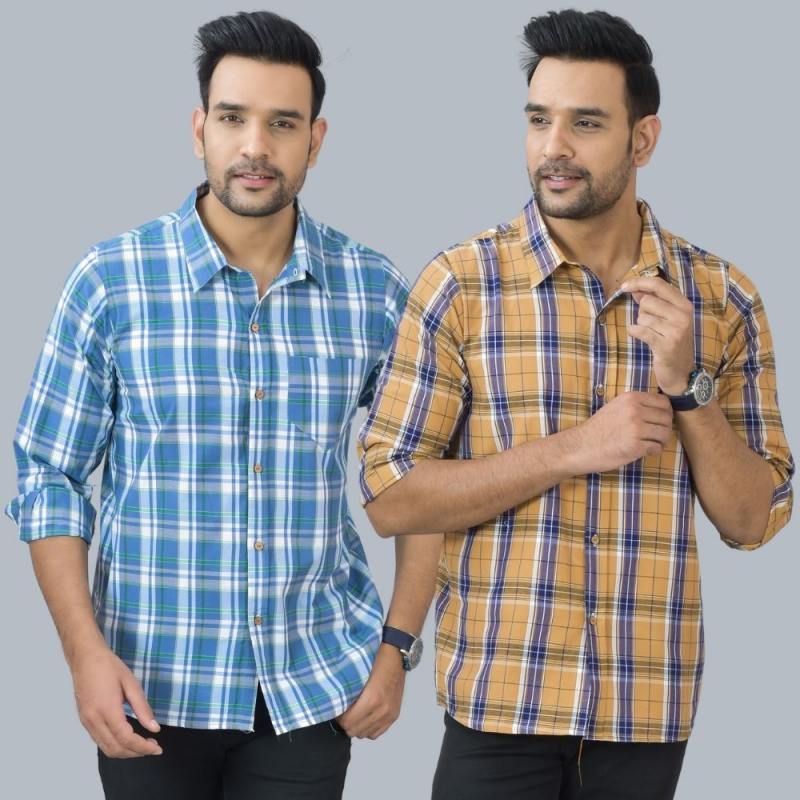 Combo of 2 Cotton Men Full Sleeves Checks Shirts Mustard and Gray-46988