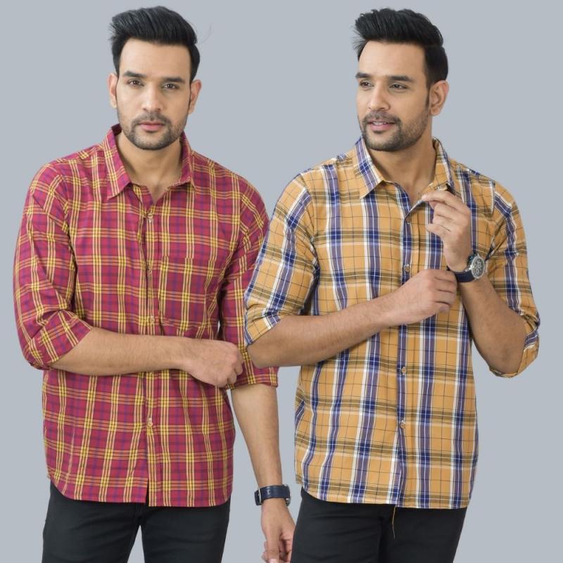 Combo of 2 Cotton Men Full Sleeves Checks Shirts Mustard and Maroon-46963
