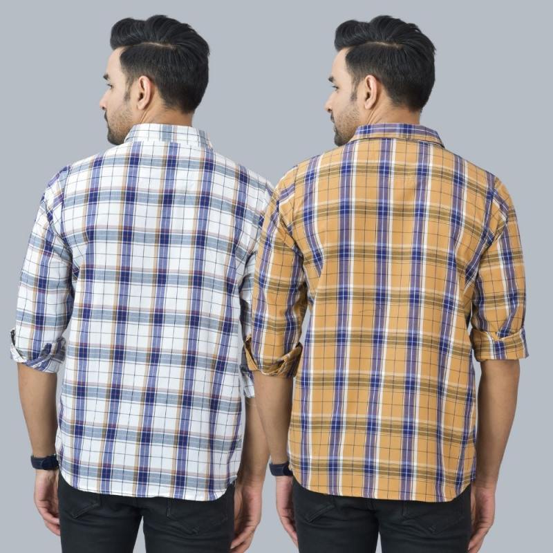 Combo of 2 Cotton Men Full Sleeves Checks Shirts Mustard and White-46970