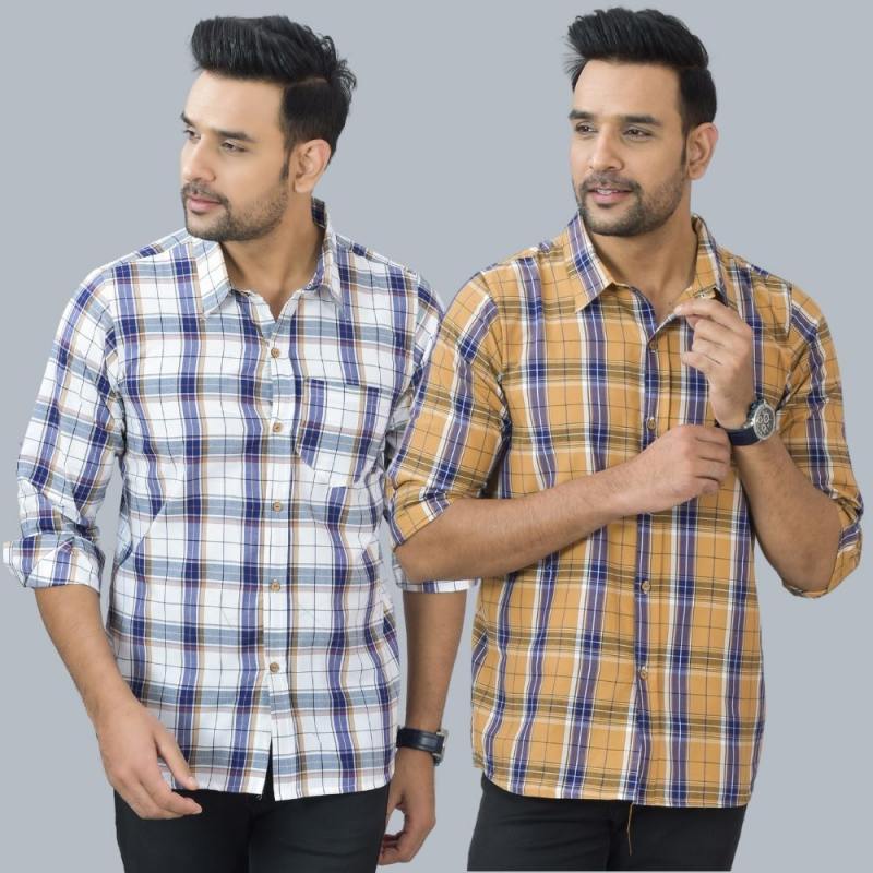 Combo of 2 Cotton Men Full Sleeves Checks Shirts Mustard and White-46970