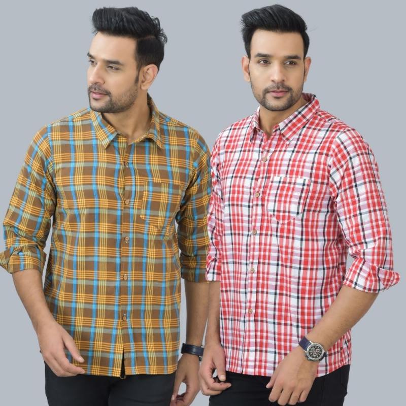 Combo of 2 Cotton Men Full Sleeves Checks Shirts Pink and Brown-46986