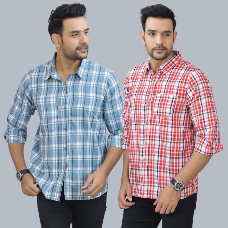 Combo of 2 Cotton Men Full Sleeves Checks Shirts Pink and Gray-46956