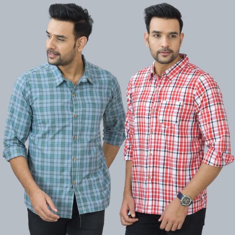 Combo of 2 Cotton Men Full Sleeves Checks Shirts Pink and Gray-46977