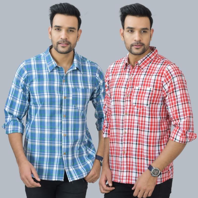 Combo of 2 Cotton Men Full Sleeves Checks Shirts Pink and Gray-46989