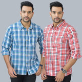 Combo of 2 Cotton Men Full Sleeves Checks Shirts Pink and Gray-46989