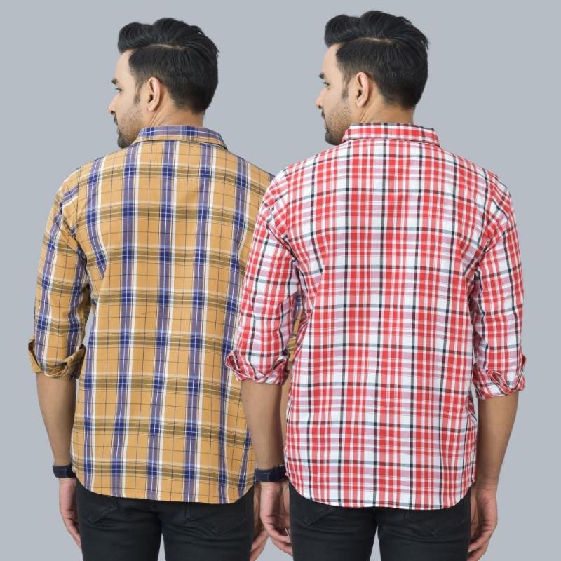 Combo of 2 Cotton Men Full Sleeves Checks Shirts Pink and Mustard-46991
